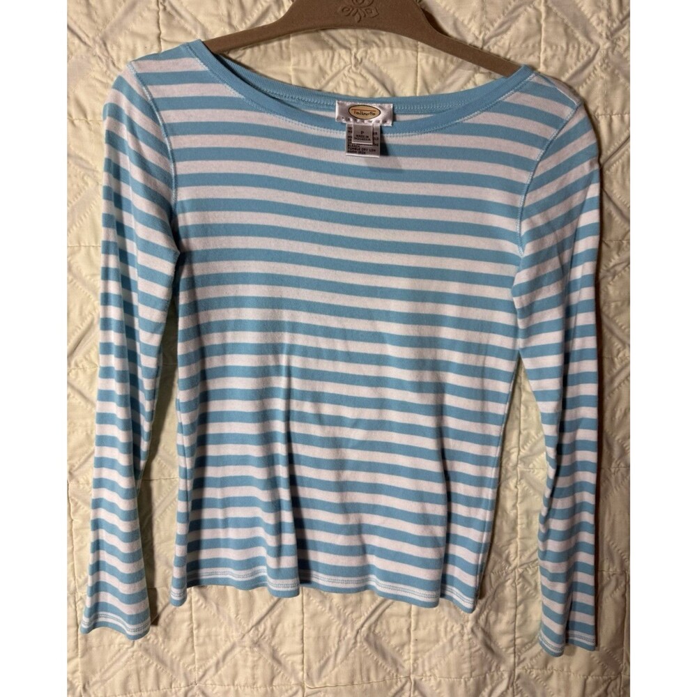 Talbots Women's Petites P Blue/White Striped Knit Cotton Boat Neck Top